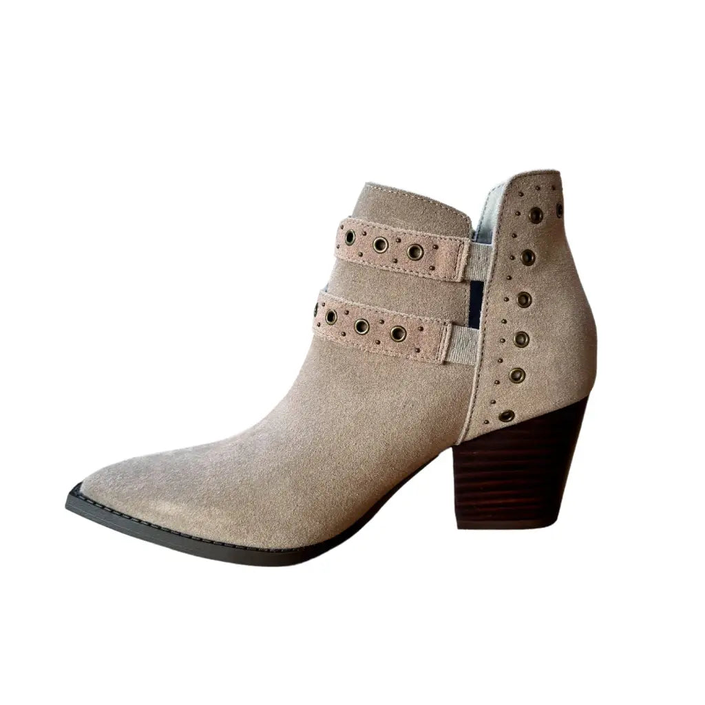 Timeless and versatile the Elsa Leather Ankle Boot in Taupe features a chic genuine suede with stylish hardware