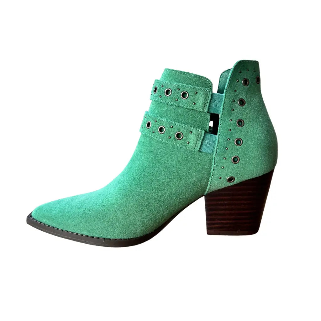 Make a statement with the Elsa Leather Ankle Boot in Teal! Genuine suede stylish hardware and cushioned comfort.