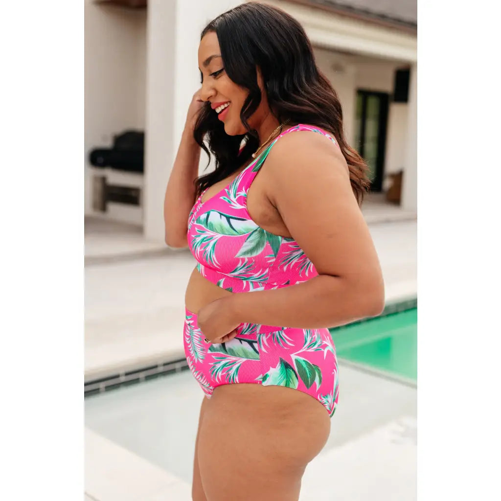 High waisted pink tropical swim bottoms plus sizes included. Ribbed cheeky cut and made to flatter every curve.