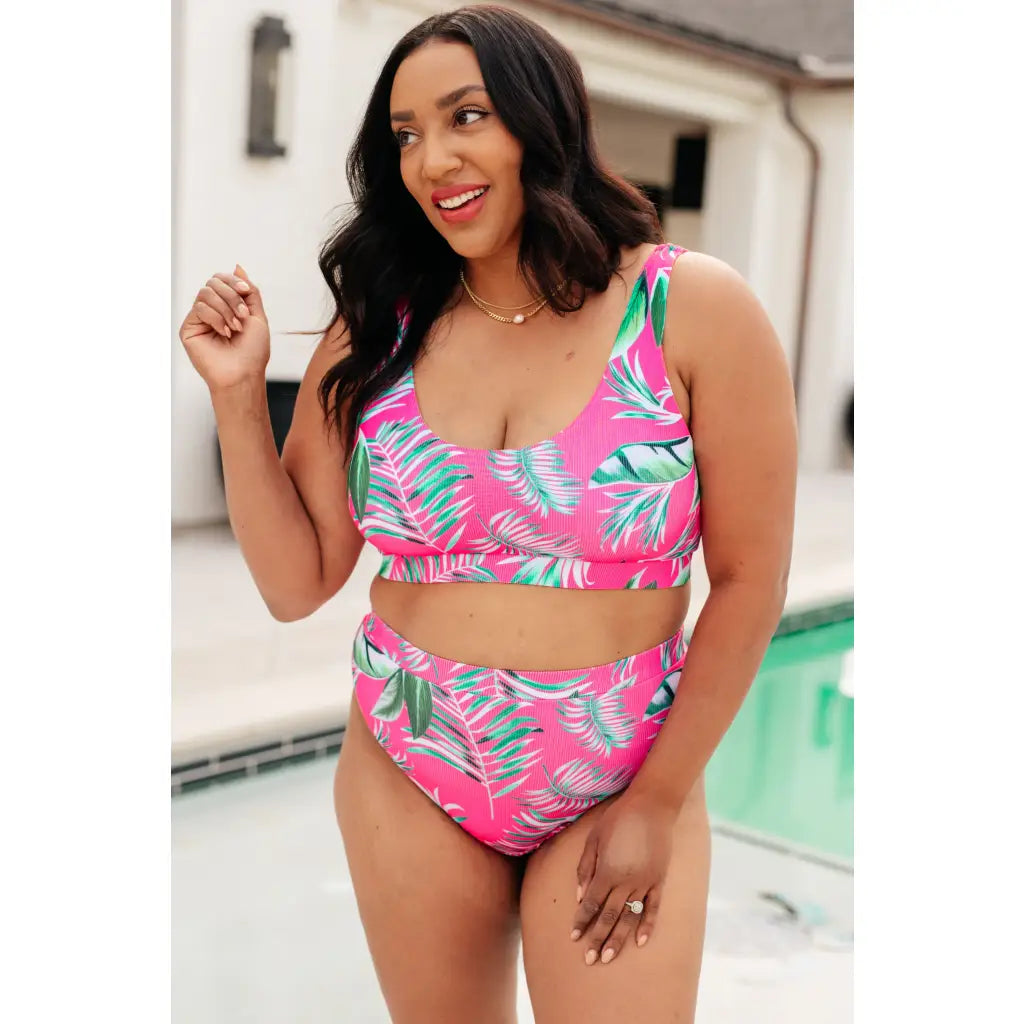 Feel bold in our Pink Tropical Swim Top plus sizes included. Ribbed supportive removable cups - made for sunshine-ready