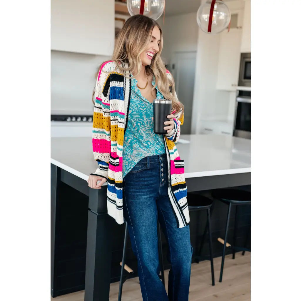 Our Felt Cute Striped Cardigan is effortlessly fashionable combining novelty mid-weight knit and bold stripes to make