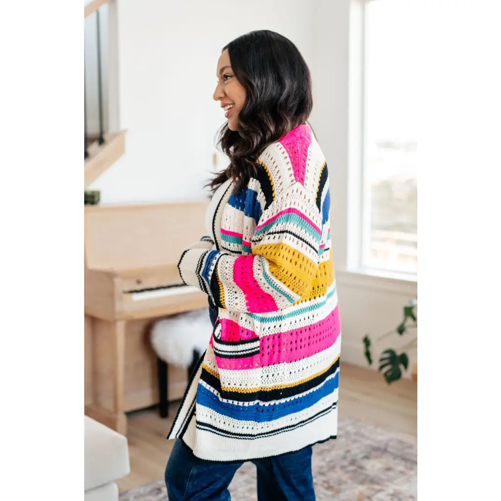 Our Felt Cute Striped Cardigan is effortlessly fashionable combining novelty mid-weight knit and bold stripes to make