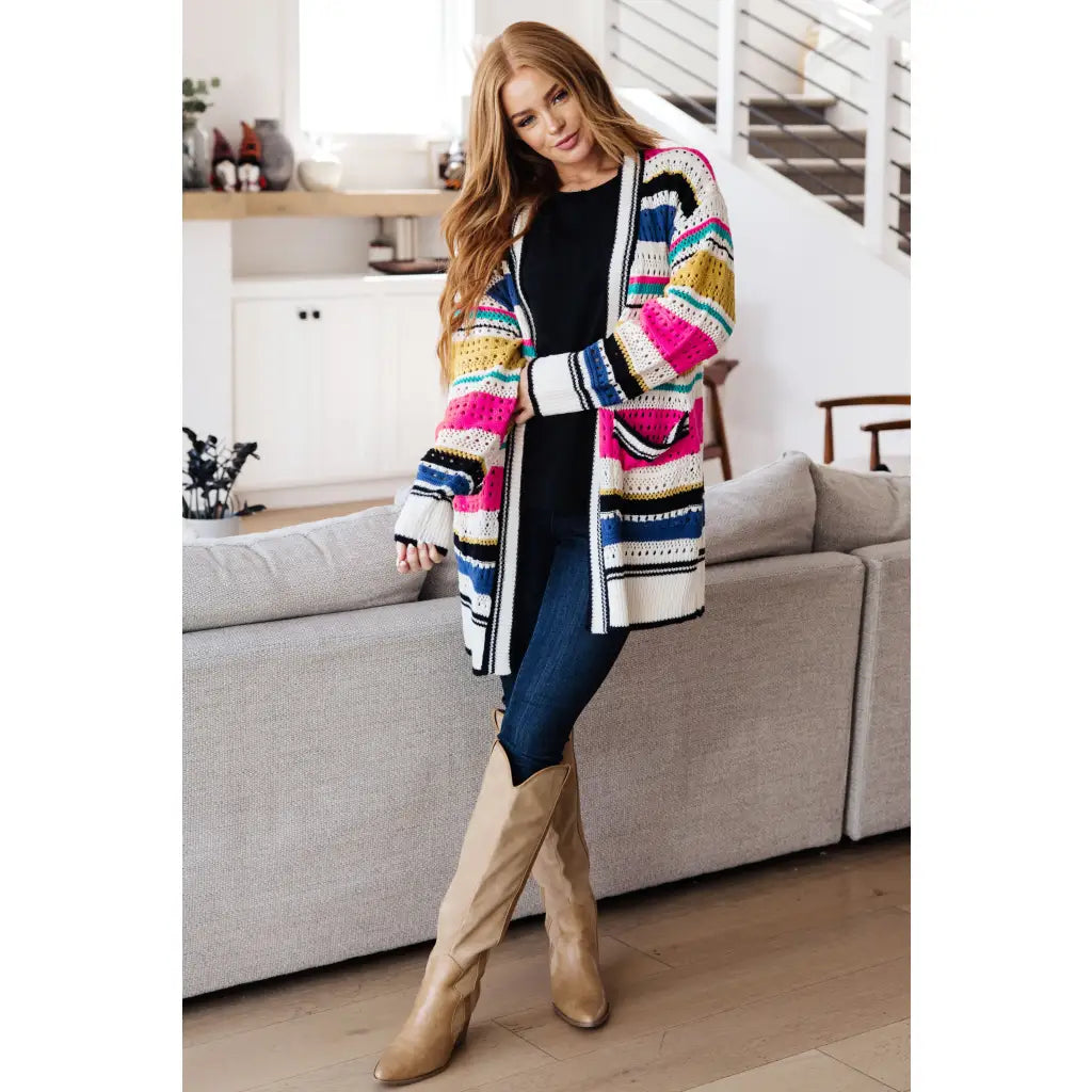 Our Felt Cute Striped Cardigan is effortlessly fashionable combining novelty mid-weight knit and bold stripes to make