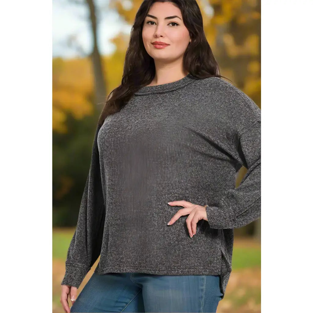 Foggy Clues brushed ribbed sweater with drop shoulders. Plus size friendly relaxed fit and cozy soft for chilly days.