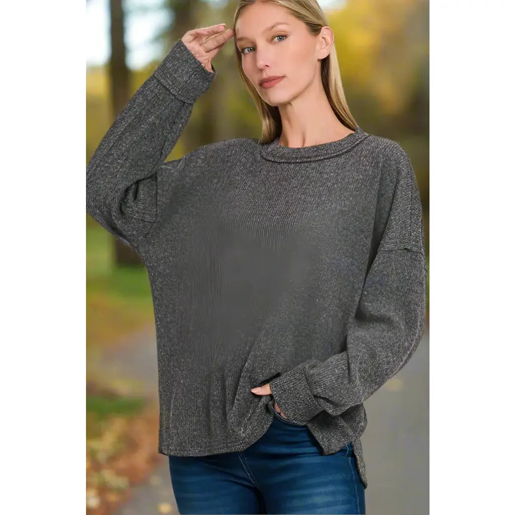 Foggy Clues brushed ribbed sweater with drop shoulders. Plus size friendly relaxed fit and cozy soft for chilly days.