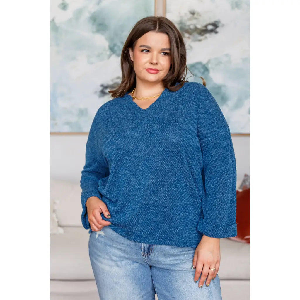 Elevate your style with the French Blue V-Neck Pullover—a luxe Boujee Chic chenille knit sweater a flattering v-neck