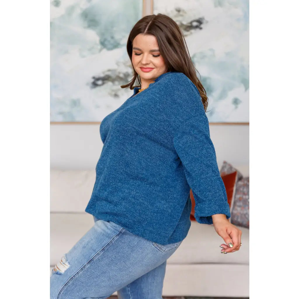 Elevate your style with the French Blue V-Neck Pullover—a luxe Boujee Chic chenille knit sweater a flattering v-neck