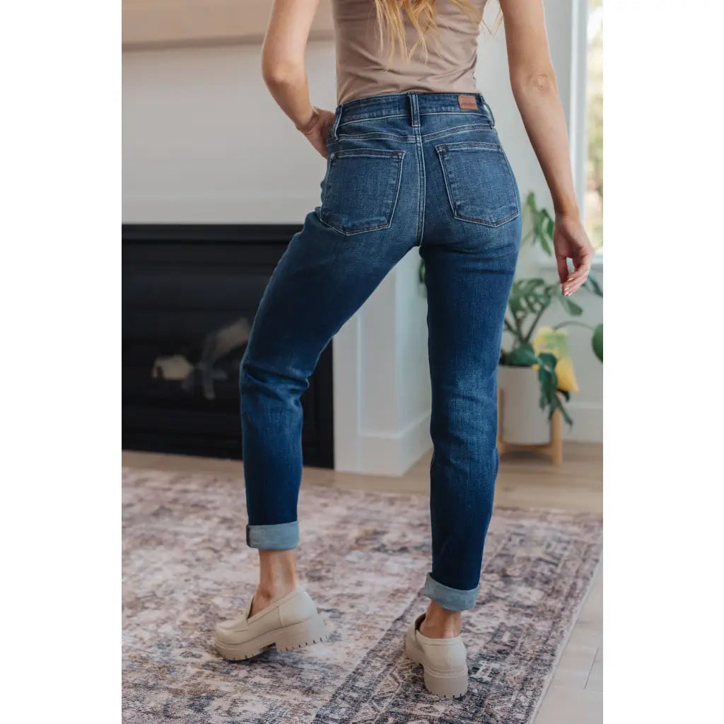 Dark wash Judy Blue slim fit jeans with 4 way stretch mid rise and optional cuff. Size inclusive from 0–24W