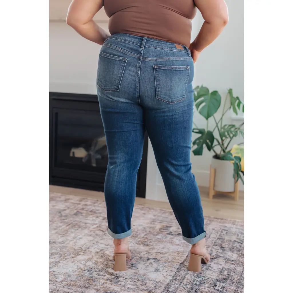 Dark wash Judy Blue slim fit jeans with 4 way stretch mid rise and optional cuff. Size inclusive from 0–24W