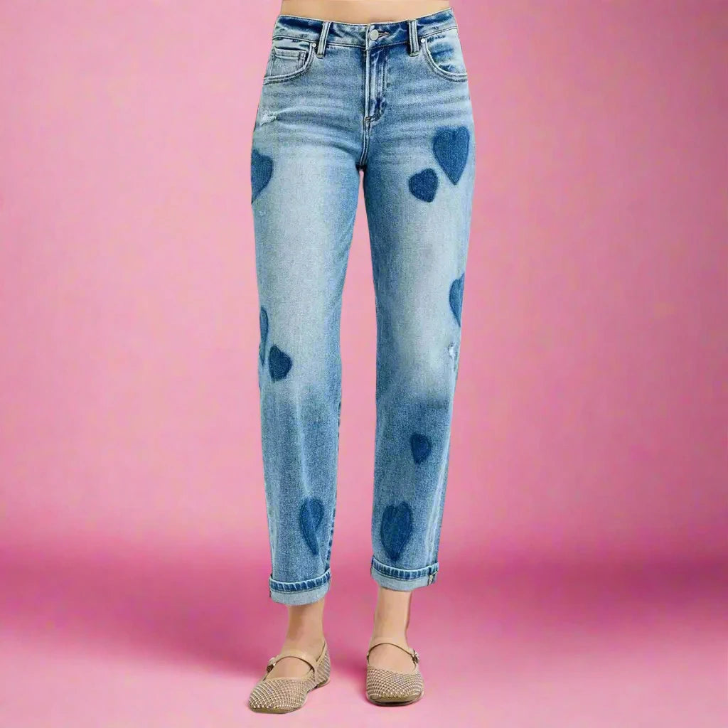 RISEN boyfriend jeans with romantic heart print mid rise fit and relaxed stretch. Plus size friendly boutique cute.