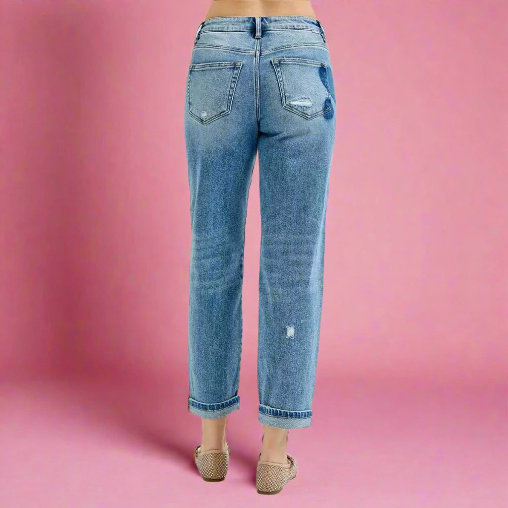 RISEN boyfriend jeans with romantic heart print mid rise fit and relaxed stretch. Plus size friendly boutique cute.
