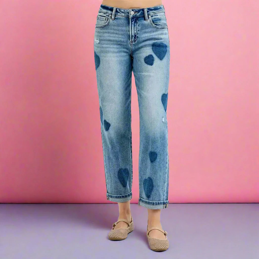 RISEN boyfriend jeans with romantic heart print mid rise fit and relaxed stretch. Plus size friendly boutique cute.