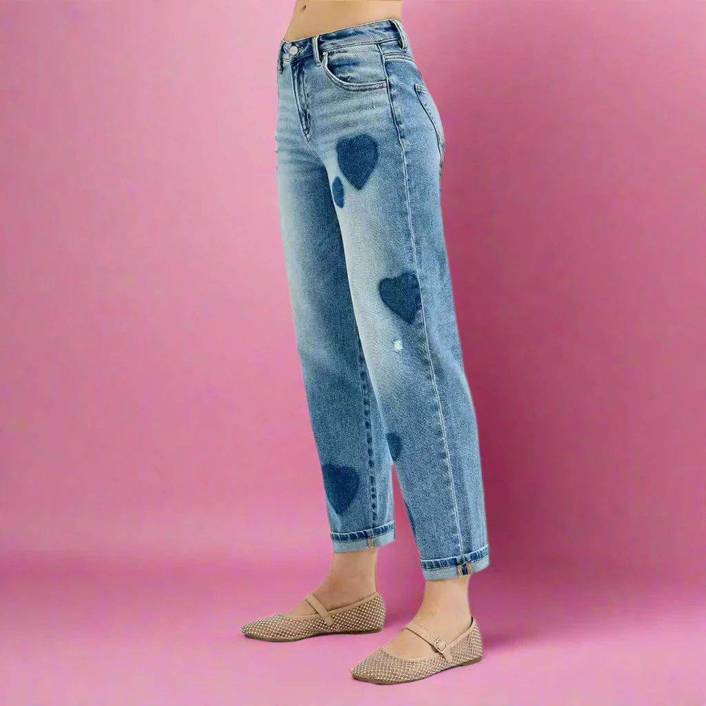 RISEN boyfriend jeans with romantic heart print mid rise fit and relaxed stretch. Plus size friendly boutique cute.