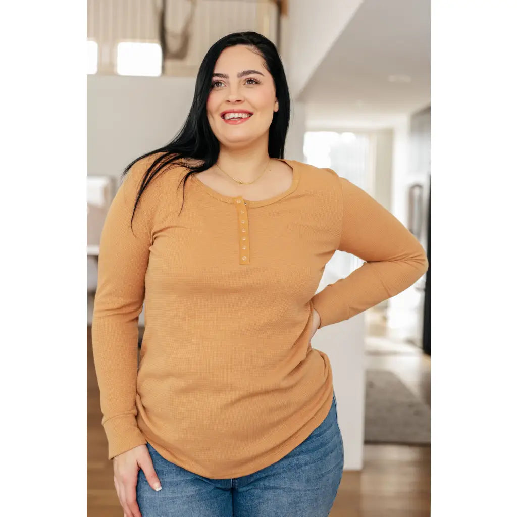 Iced caramel henley top in baby waffle knit. Plus size friendly soft and cozy with snap front scoop neckline. Perfect