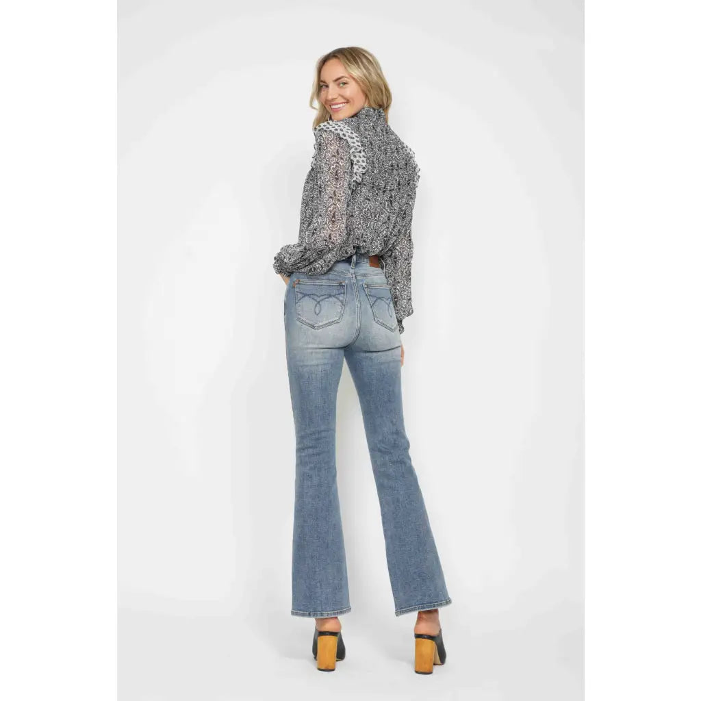 Judy Blue Tummy Control Bootcut Jeans flatter all shapes including curvy and plus sizes with embroidered pockets