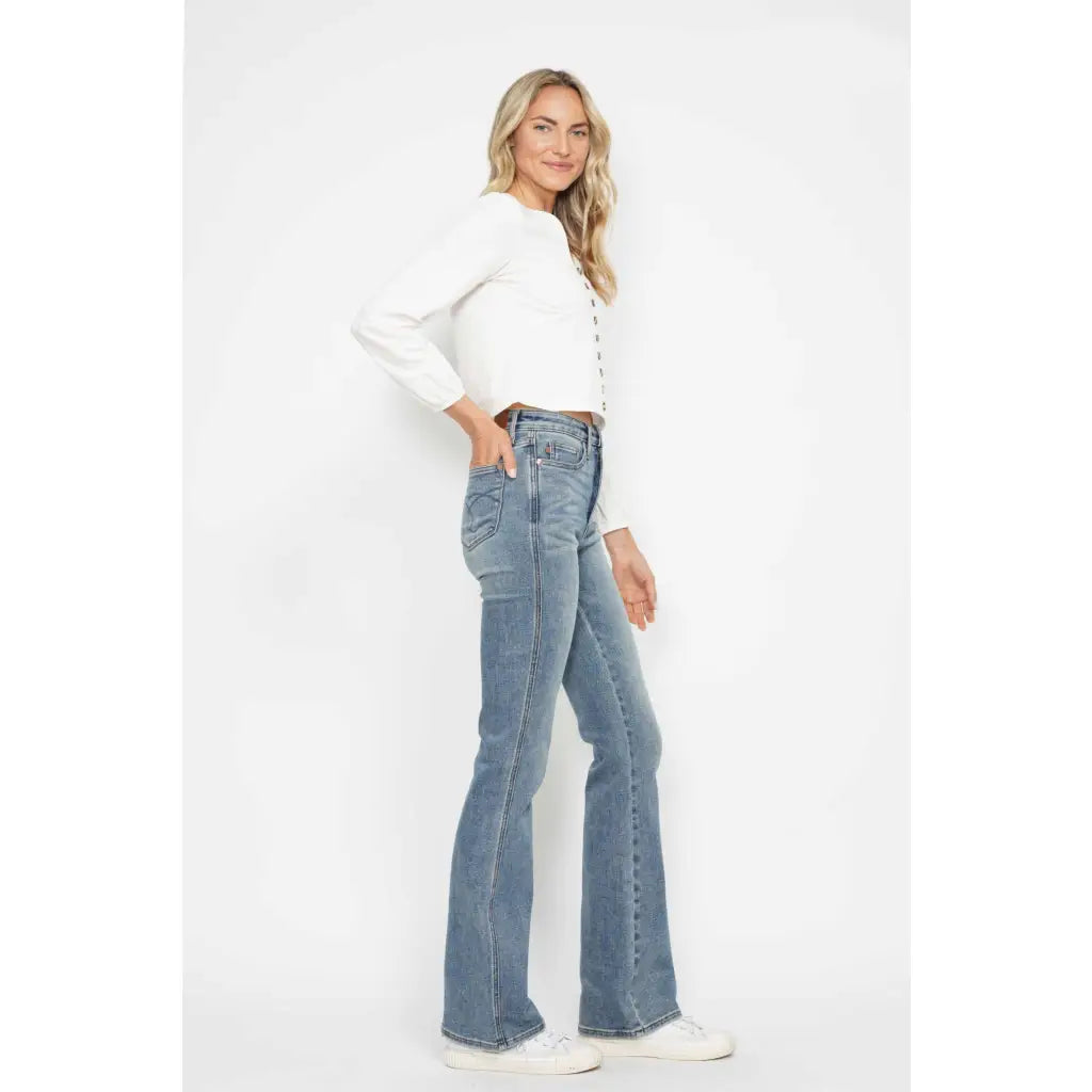 Judy Blue Tummy Control Bootcut Jeans flatter all shapes including curvy and plus sizes with embroidered pockets