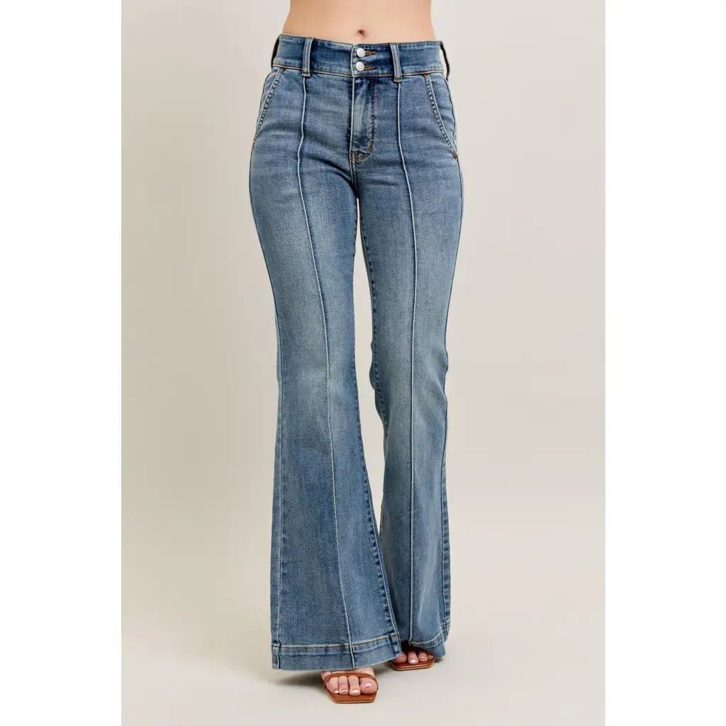 Long Legs and Lattes Flare Judy Blue jeans with high waist stretch fit seam detail. Plus size flattering boutique denim