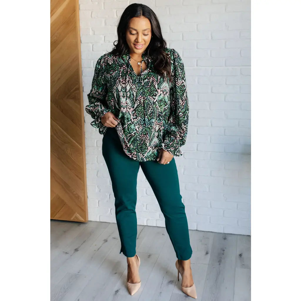Our Looking Out Damask Print Blouse is a perfectly poetic top! Crafted from gorgeous green black pale pink and white