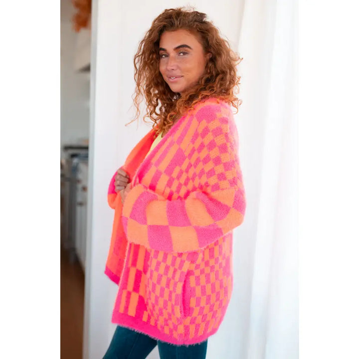 Noticed in Neon Pink Checkered Cardigan - Womens