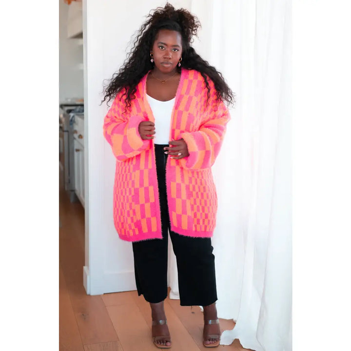 Noticed in Neon Pink Checkered Cardigan - Womens