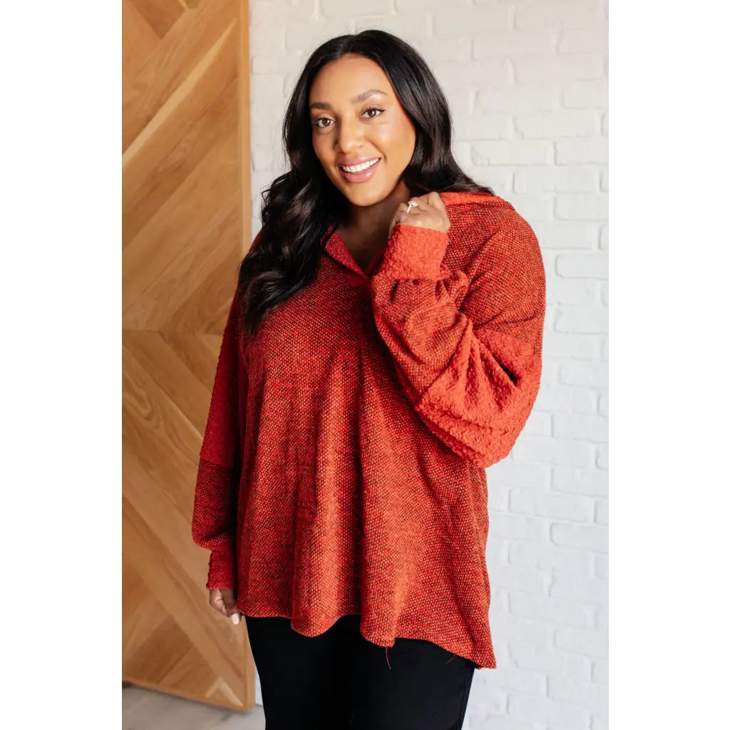 Textured caramel hoodie with v-neck elbow patches and an oversized fit. Fall boutique style plus size friendly for cozy