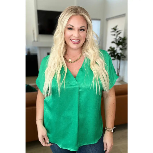 Pleat Front V-Neck Top in Kelly Green - Tops