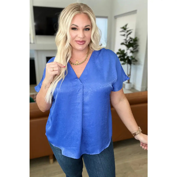 Pleat Front V-Neck Top in Royal Blue - Tops