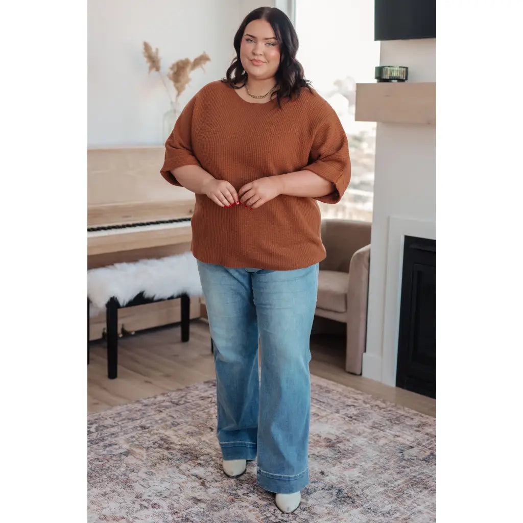 Lightweight oversized dolman knit short sleeve sweater in pumpkin spice. Perfect for Southern fall fashion. Plus size