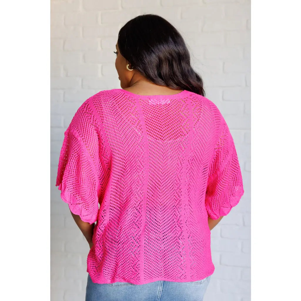 Be the life of party in our Rather Eventful Open Knit Top! Made from a cozy bright pink sweater knit this top has high