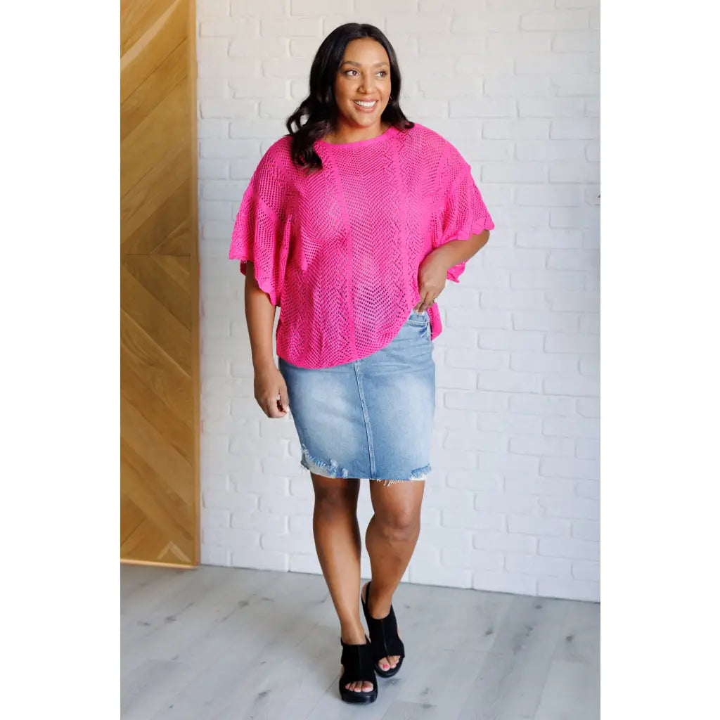 Be the life of party in our Rather Eventful Open Knit Top! Made from a cozy bright pink sweater knit this top has high