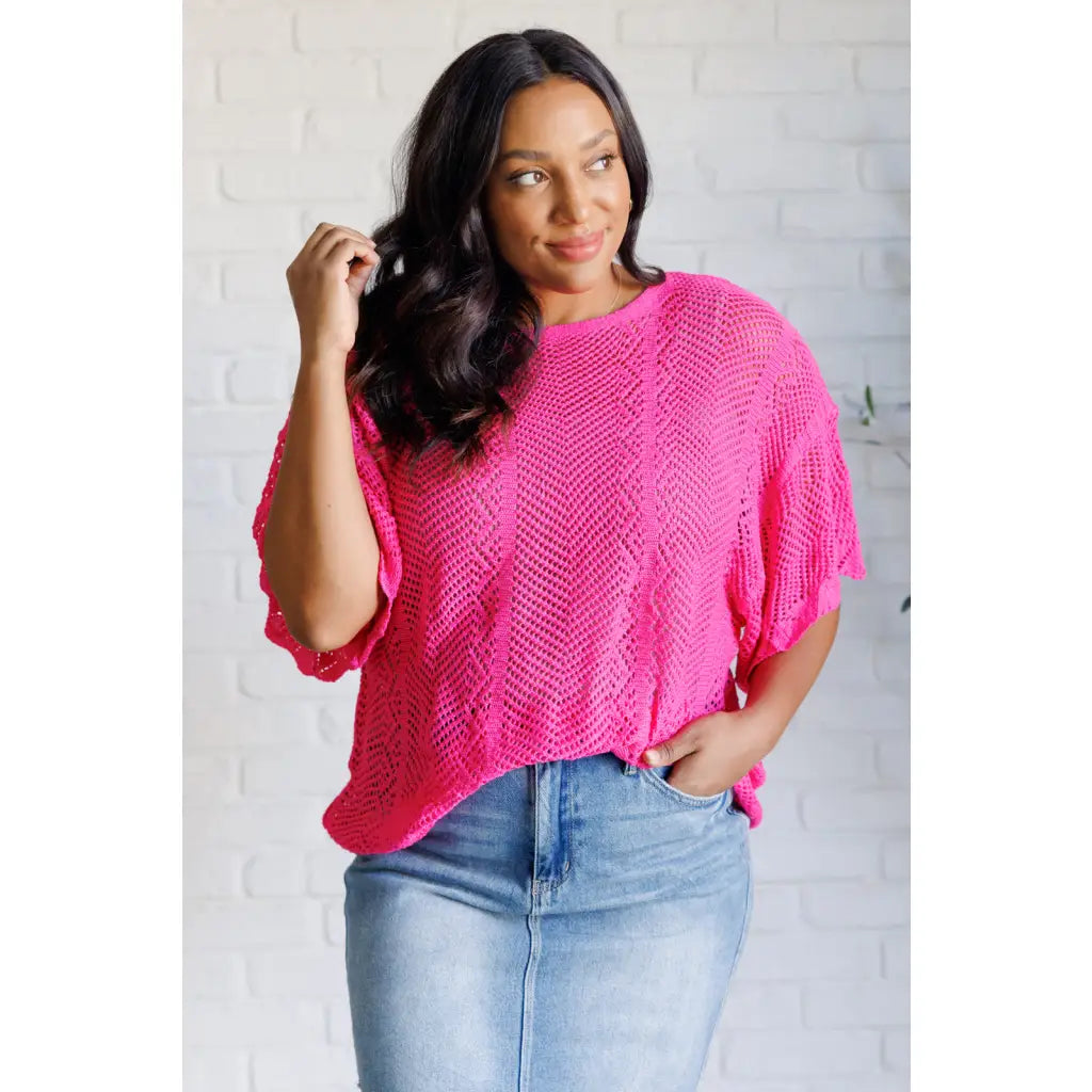 Be the life of party in our Rather Eventful Open Knit Top! Made from a cozy bright pink sweater knit this top has high