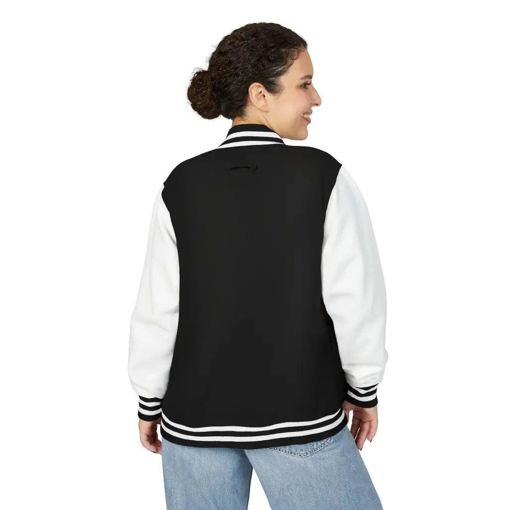 Varsity jacket with Red Dachshund Patch in black colorways. Boutique fit cozy plus size options for stylish dachshund