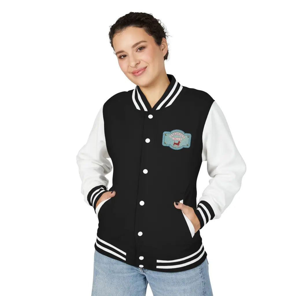 Varsity jacket with Red Dachshund Patch in black colorways. Boutique fit cozy plus size options for stylish dachshund
