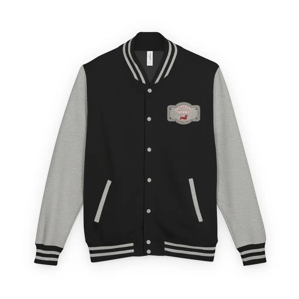 Varsity jacket with Red Dachshund Patch in black colorways. Boutique fit cozy plus size options for stylish dachshund