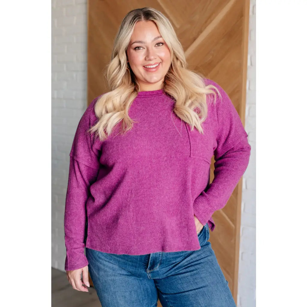 Our Relax Already Sweater in Light Plum features a soft mid weight brushed ribbed knit round neckline drop shoulder