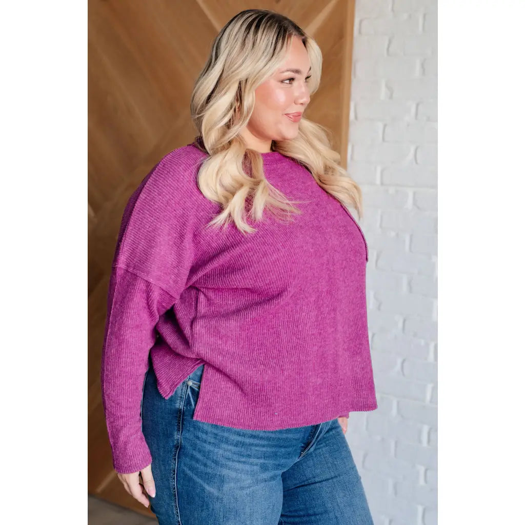 Our Relax Already Sweater in Light Plum features a soft mid weight brushed ribbed knit round neckline drop shoulder