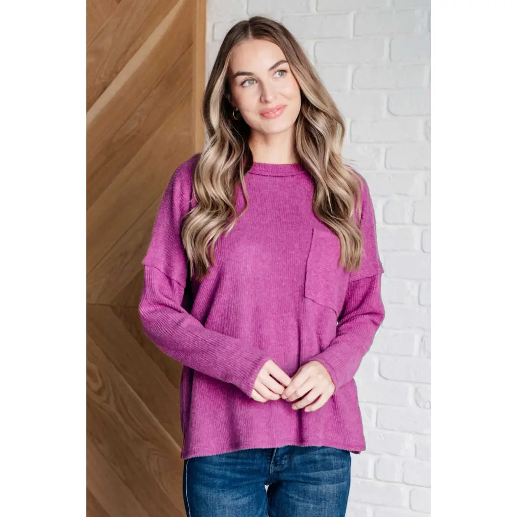 Our Relax Already Sweater in Light Plum features a soft mid weight brushed ribbed knit round neckline drop shoulder