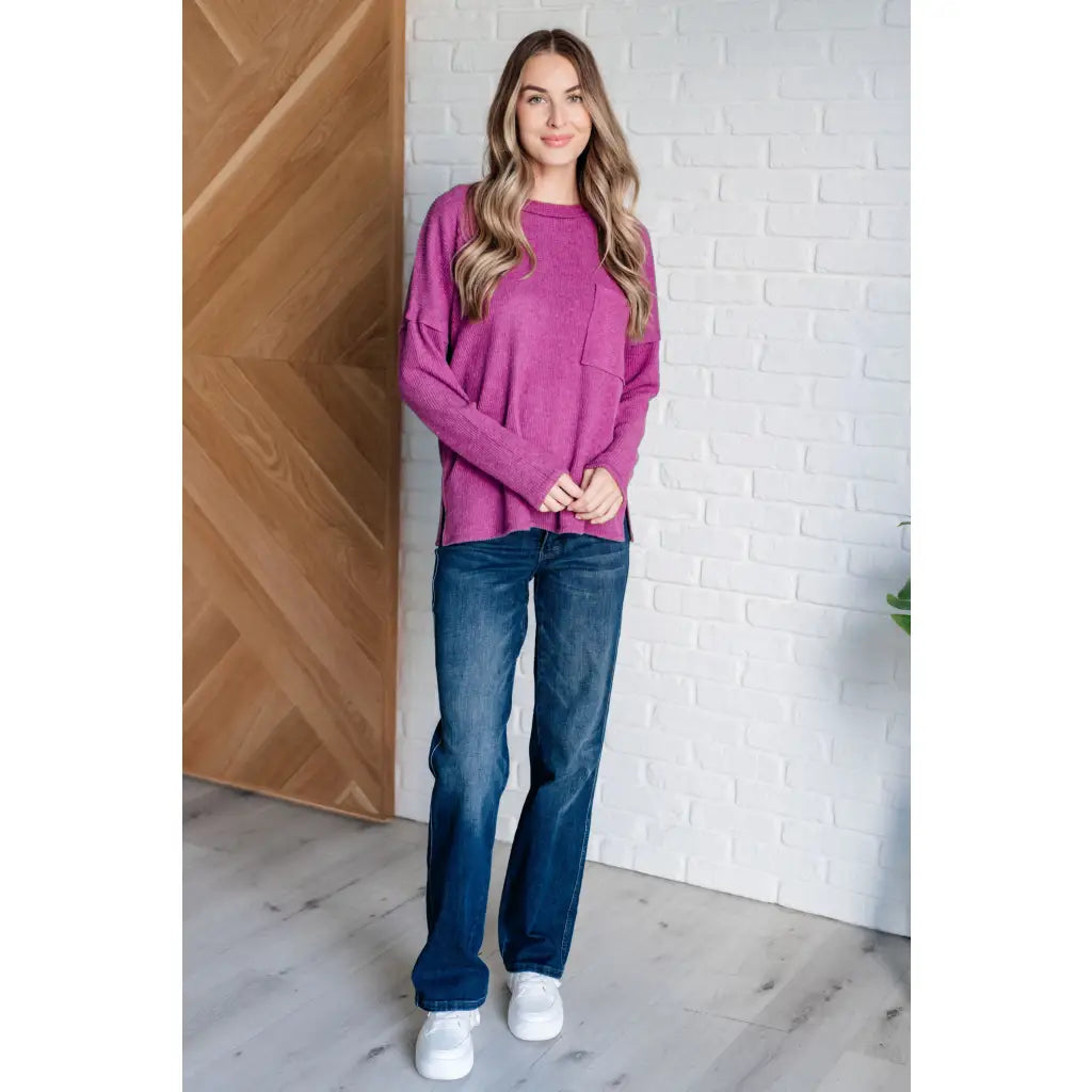 Our Relax Already Sweater in Light Plum features a soft mid weight brushed ribbed knit round neckline drop shoulder