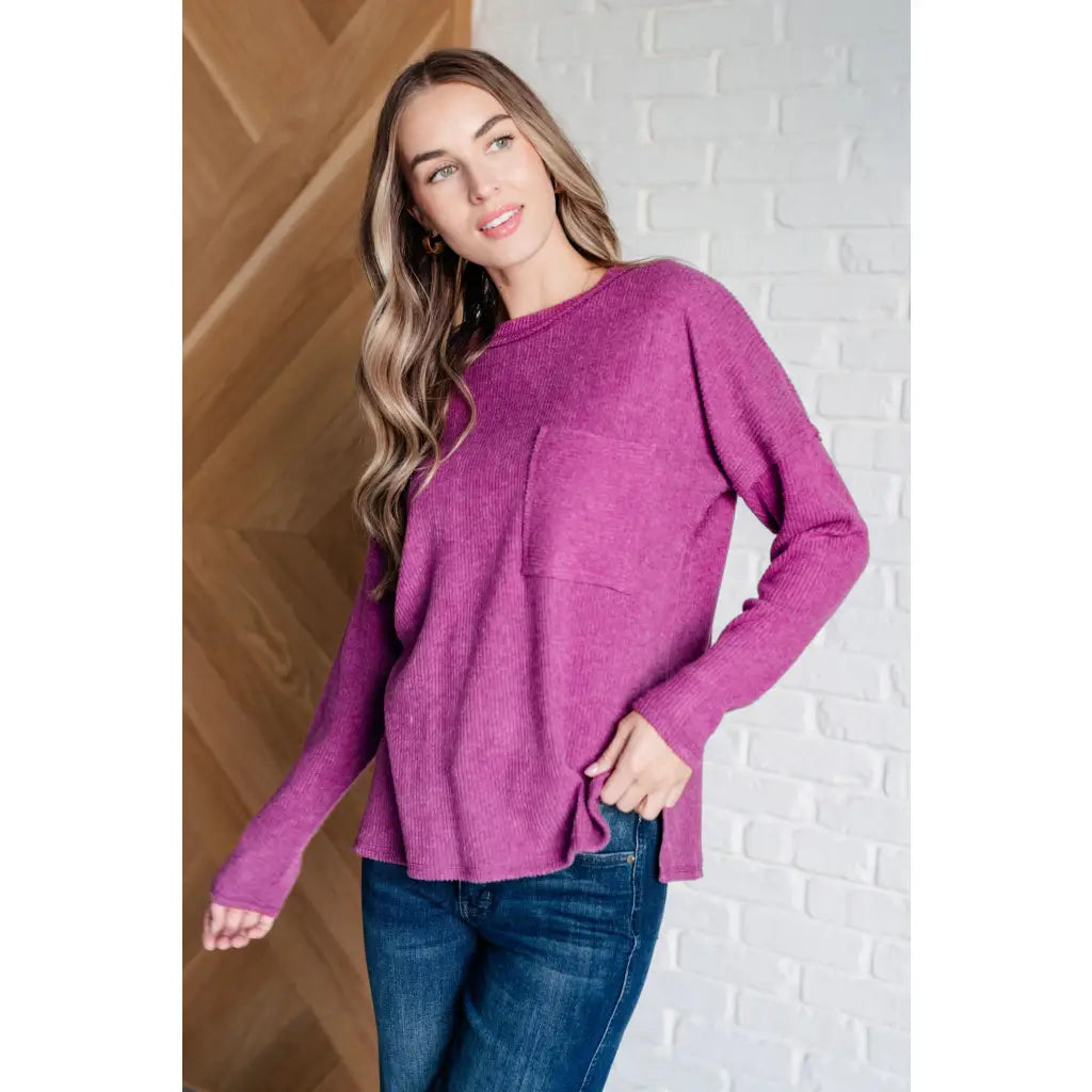 Our Relax Already Sweater in Light Plum features a soft mid weight brushed ribbed knit round neckline drop shoulder