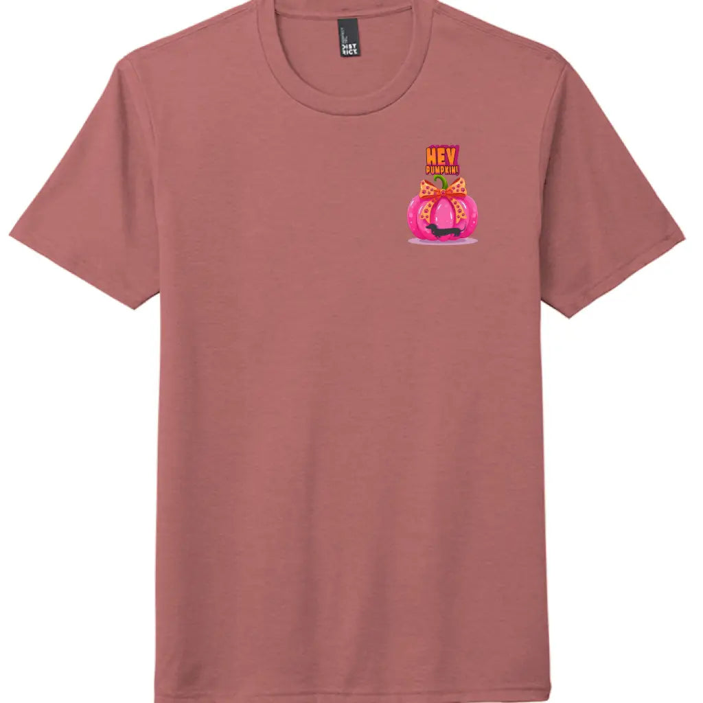 Pumpkin tee with Roxy Roo’s miniature dachshund silhouette paw print bow unisex fit and cozy comfort for fall pumpkin