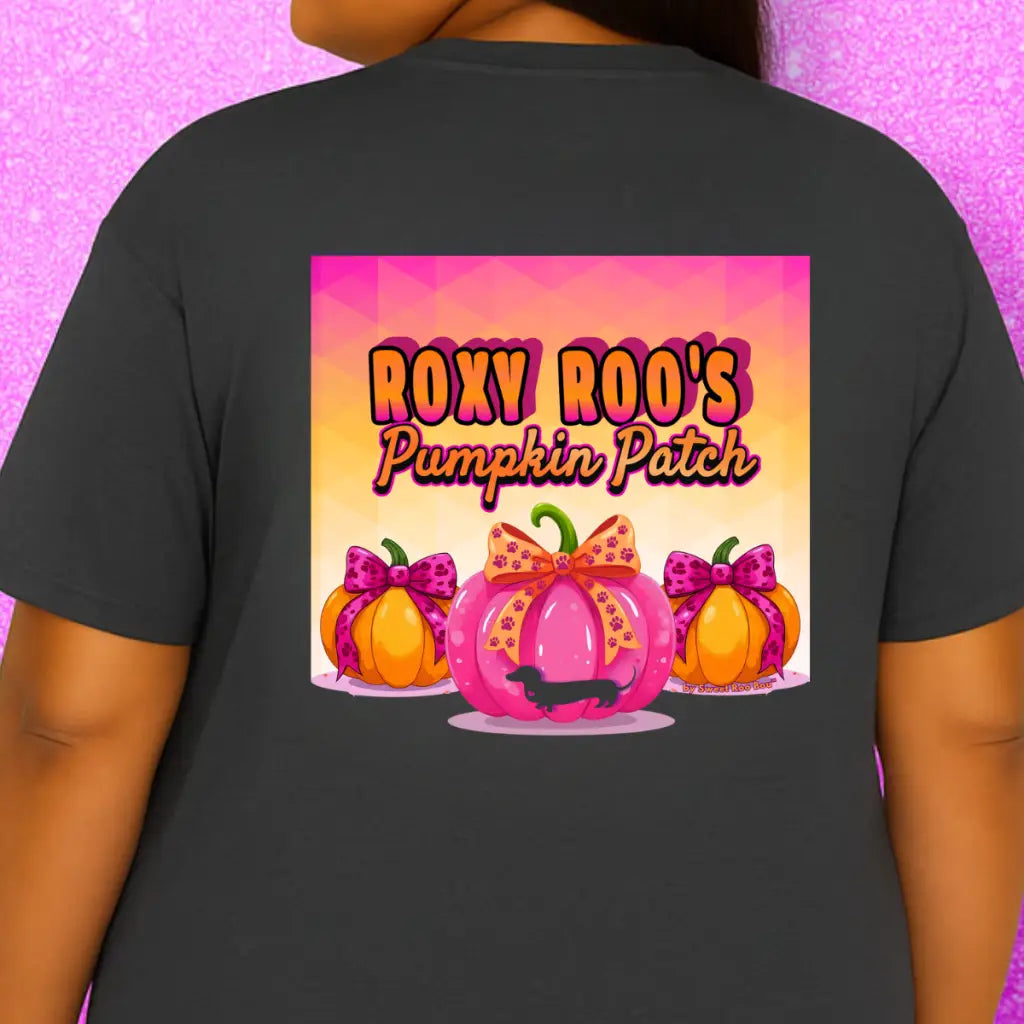 Pumpkin tee with Roxy Roo’s miniature dachshund silhouette paw print bow unisex fit and cozy comfort for fall pumpkin