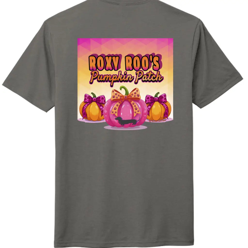 Pumpkin tee with Roxy Roo’s miniature dachshund silhouette paw print bow unisex fit and cozy comfort for fall pumpkin