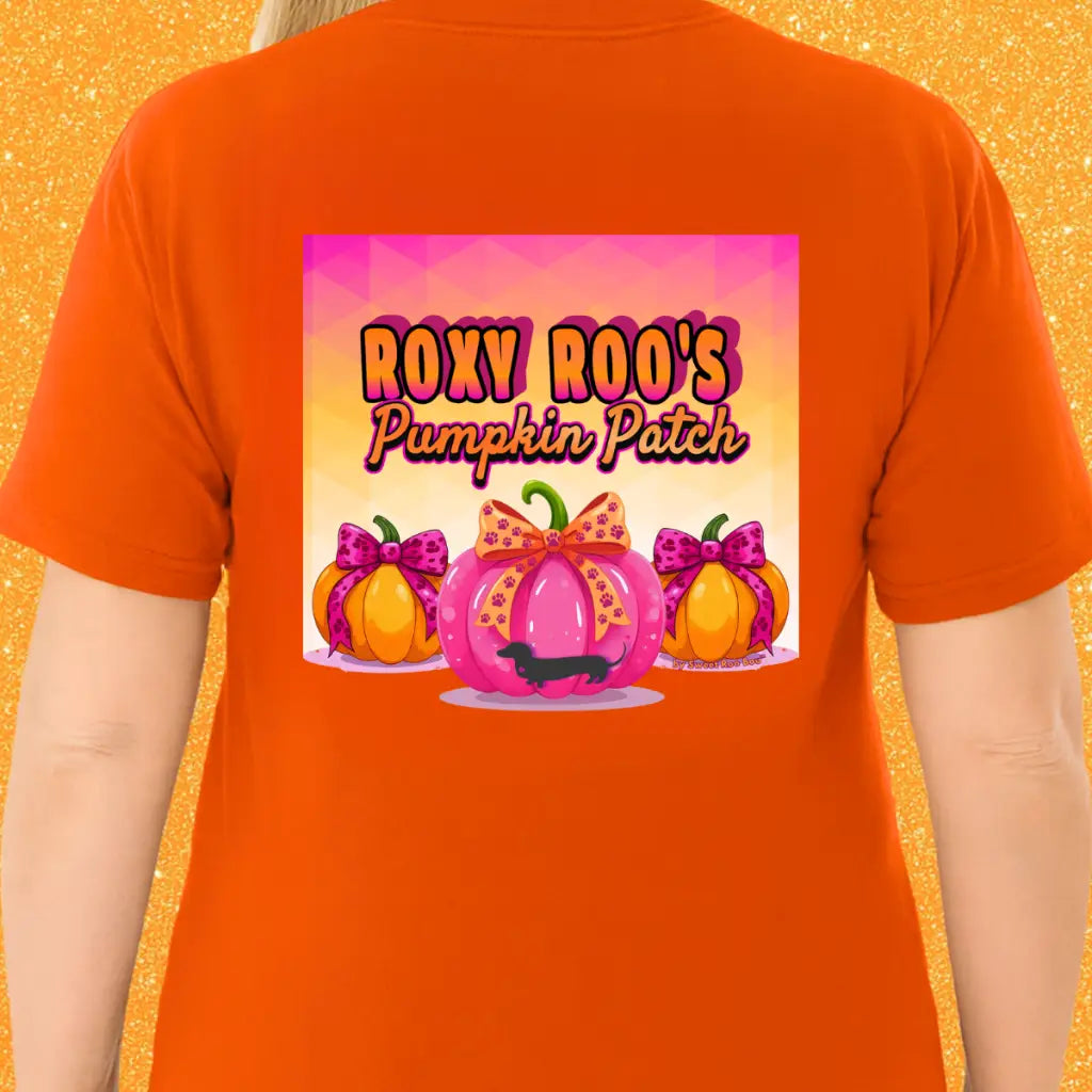 Pumpkin tee with Roxy Roo’s miniature dachshund silhouette paw print bow unisex fit and cozy comfort for fall pumpkin