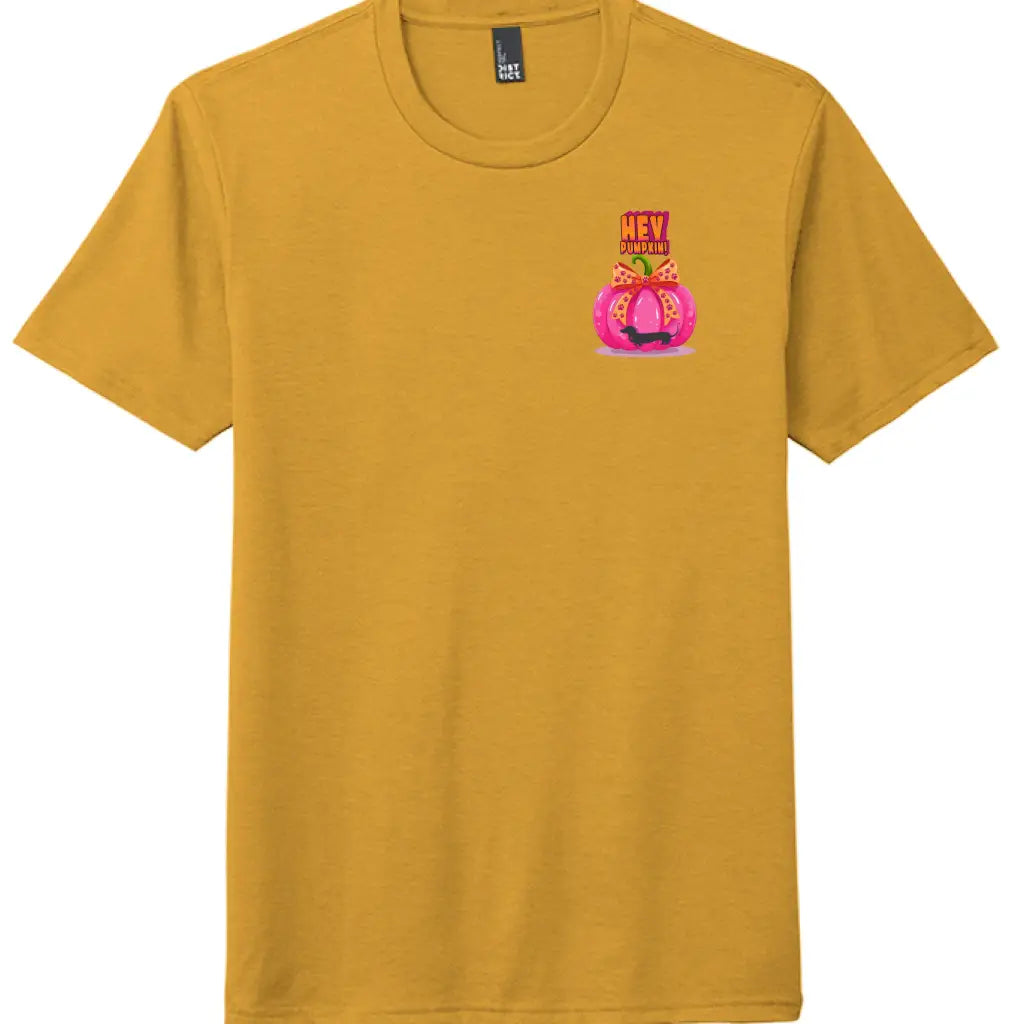 Pumpkin tee with Roxy Roo’s miniature dachshund silhouette paw print bow unisex fit and cozy comfort for fall pumpkin