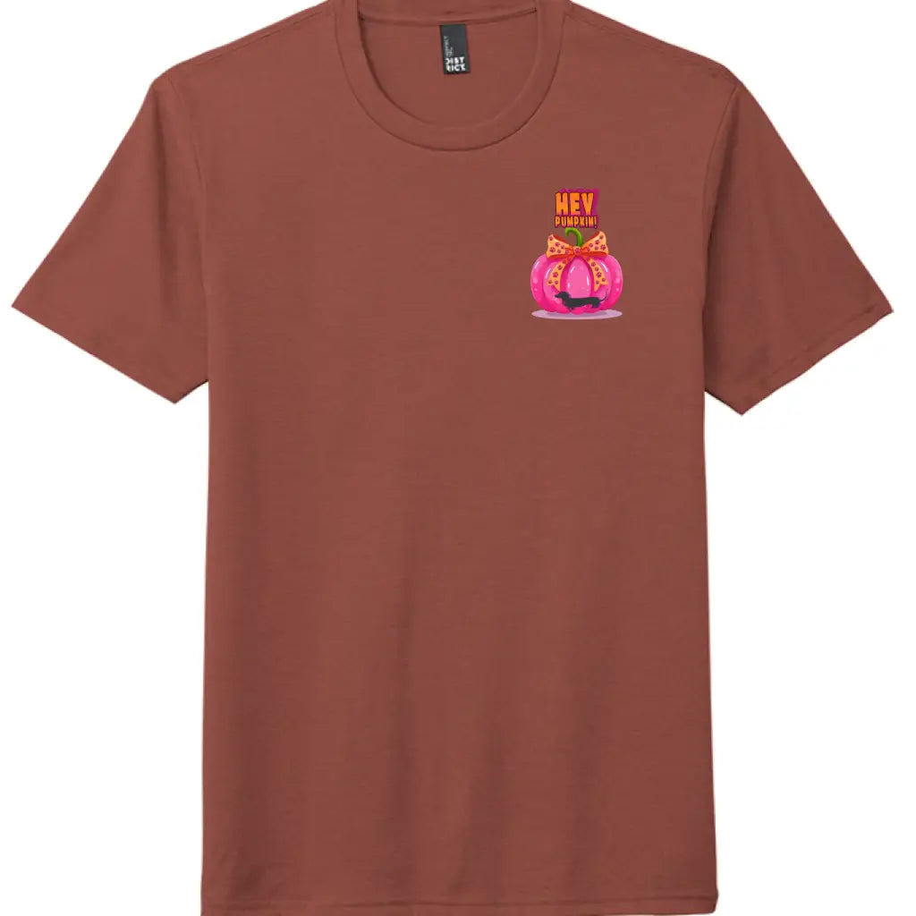 Pumpkin tee with Roxy Roo’s miniature dachshund silhouette paw print bow unisex fit and cozy comfort for fall pumpkin
