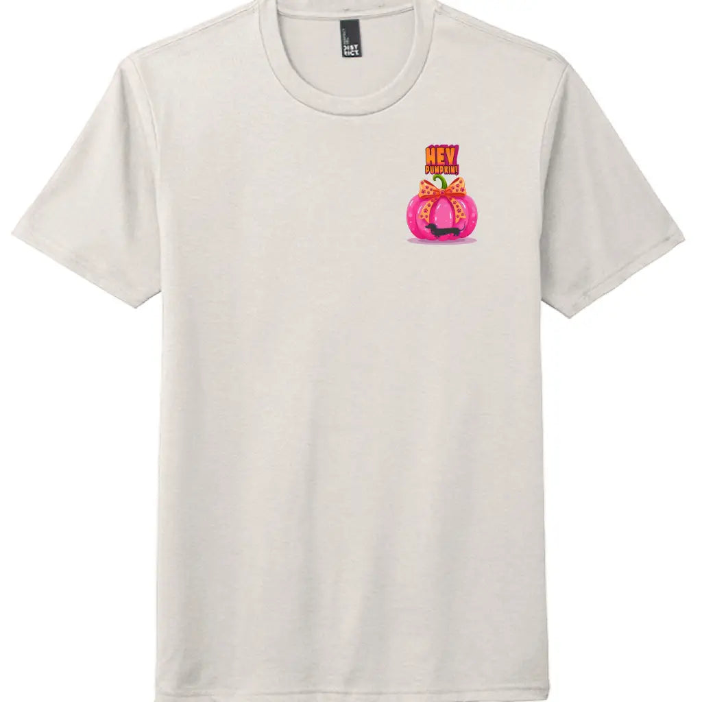 Pumpkin tee with Roxy Roo’s miniature dachshund silhouette paw print bow unisex fit and cozy comfort for fall pumpkin