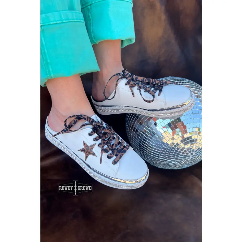 Chic slide-on tennis shoes with a leopard star and silver sparkle contrasts designed for fashionistas! True to size