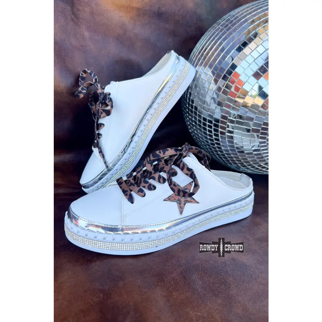 Chic slide-on tennis shoes with a leopard star and silver sparkle contrasts designed for fashionistas! True to size