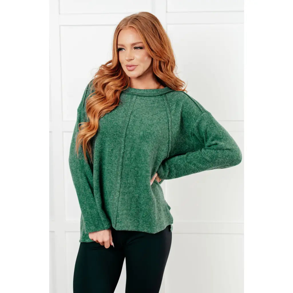 Take on the day in style and comfort with our Simply Soft Sweater Green. Made from luxurious stretchy brushed hacci