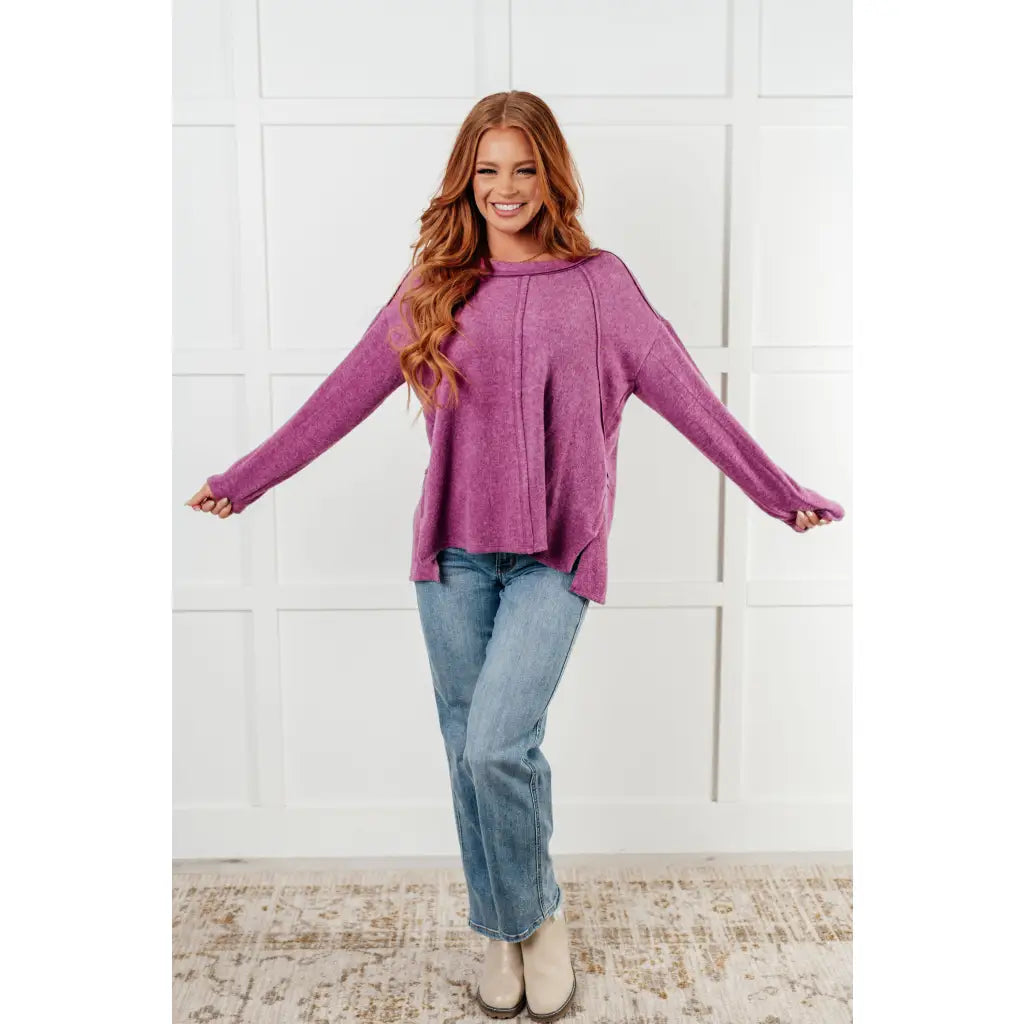 Take on the day in style and comfort with our Simply Soft Sweater Light Plum. Made from luxurious stretchy brushed